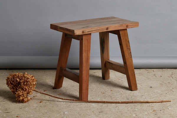 Small Sturdy Teak Stool with Splayed Leg and Rectangular Top