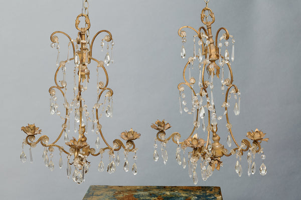 Pair of French Gilt Metal & Crystal Scones