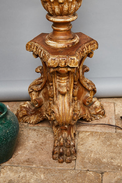 Italian Gilt Floor Lamp with Lion Paw Feet with Green Silk Shade
