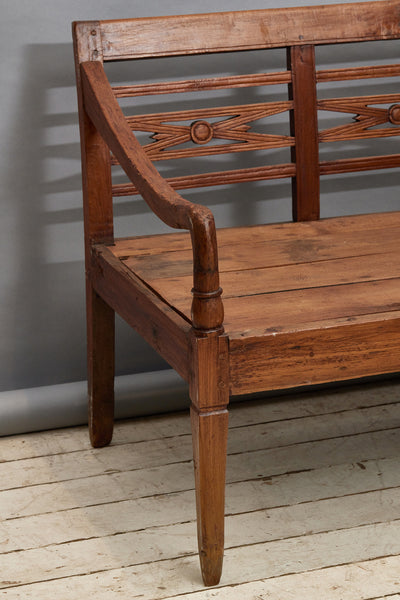 Deep Seated Delicately Carved Dutch Colonial Teak Bench from Java