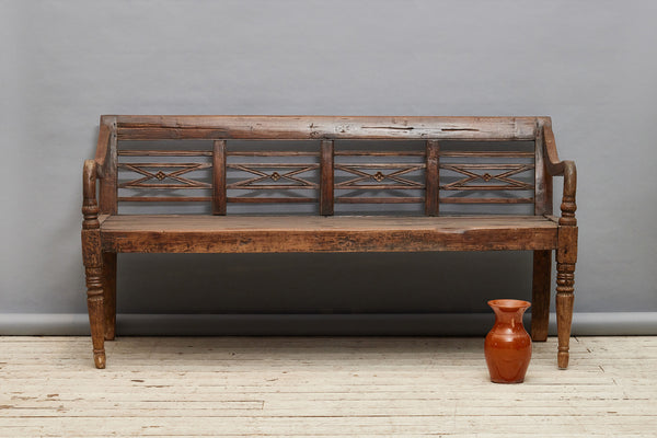 Tall Deep Seated 19th Century Teak Dutch Colonial Bench with Nicely Turned Chipped Carved Legs