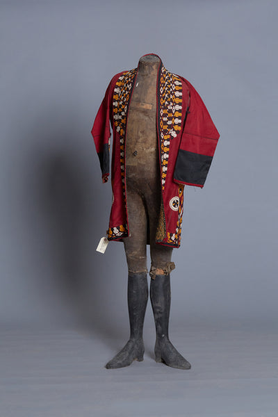 Red and White Stripe Tajik Short Jacket with Embroidered Edges