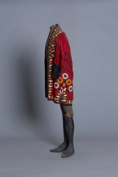 Red and White Stripe Tajik Short Jacket with Embroidered Edges
