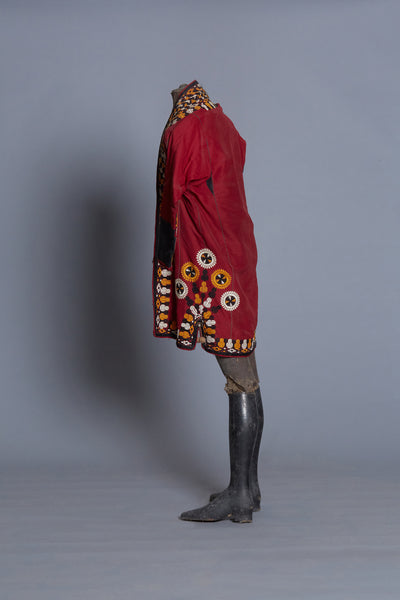 Red and White Stripe Tajik Short Jacket with Embroidered Edges