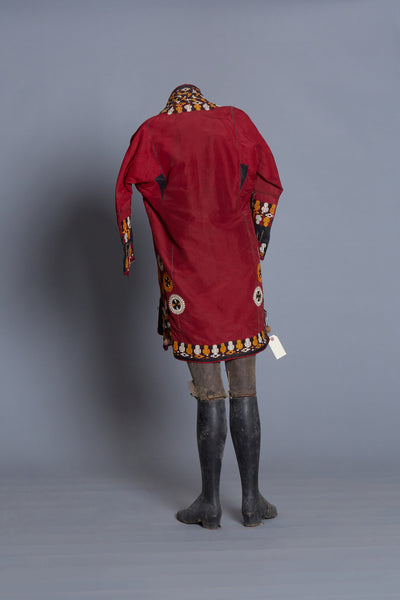 Red and White Stripe Tajik Short Jacket with Embroidered Edges