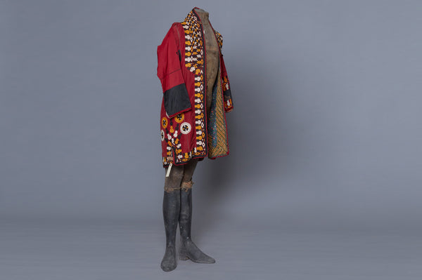 Red and White Stripe Tajik Short Jacket with Embroidered Edges