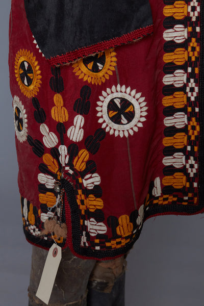 Red and White Stripe Tajik Short Jacket with Embroidered Edges