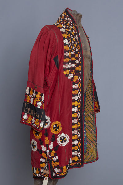 Red and White Stripe Tajik Short Jacket with Embroidered Edges
