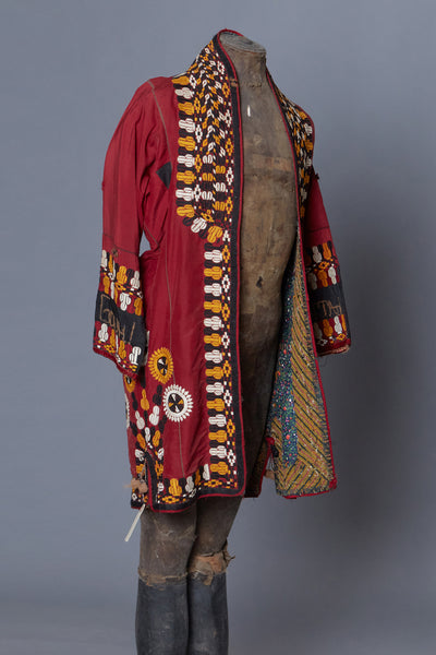 Red and White Stripe Tajik Short Jacket with Embroidered Edges
