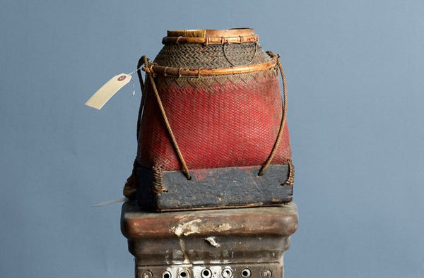 Early Lombok Gathering Basket in Original Red & Green Decoration with Heavy Teak Base