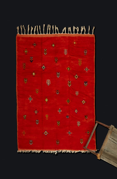 Moroccan Berber Carpet with Bright Orange Field & Symbols .... (5' x 6' 5'')