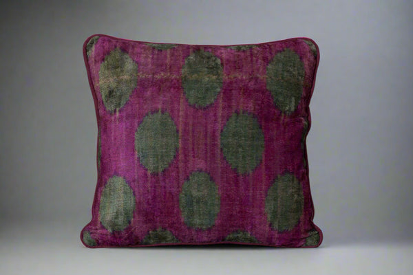 Beet and Dark Teal Silk Velvet Ikat Pillow