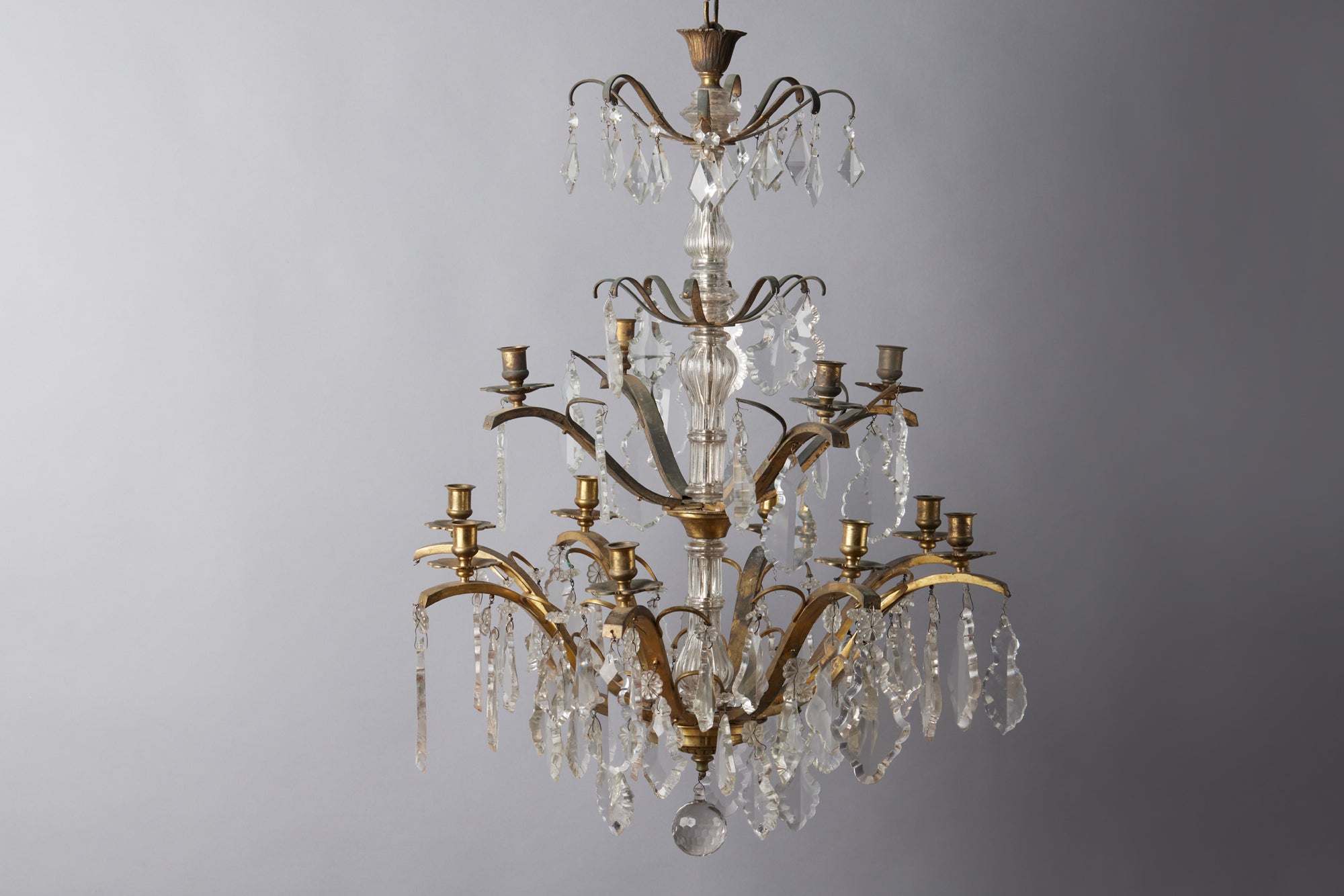 French 12 Arm Gilt Bronze Art Moderne Crystal Chandelier