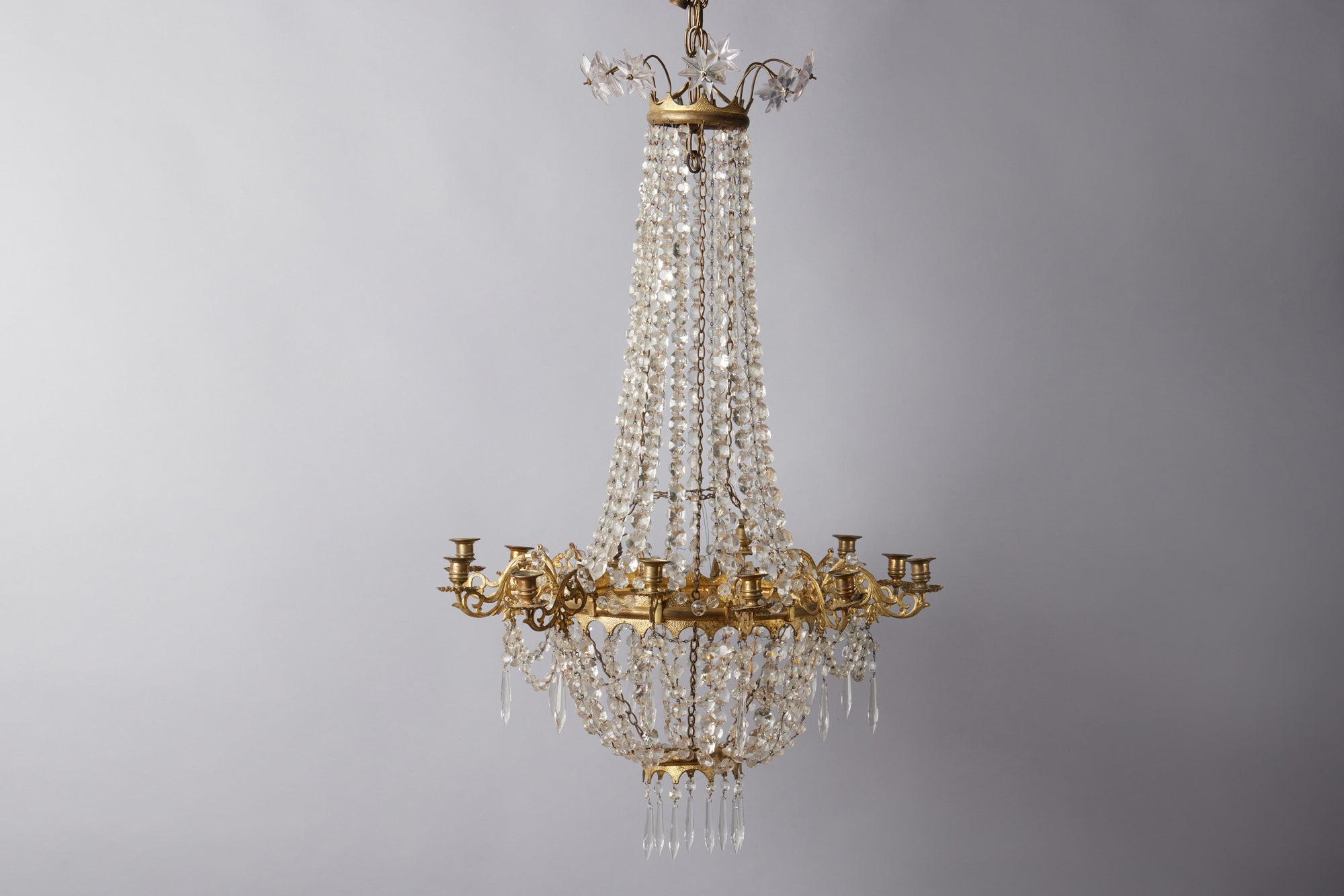 12 Arm French Gilt Bronze & Crystal Candle Chandelier