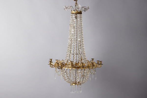 12 Arm French Gilt Bronze & Crystal Candle Chandelier