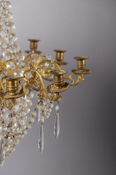 12 Arm French Gilt Bronze & Crystal Candle Chandelier