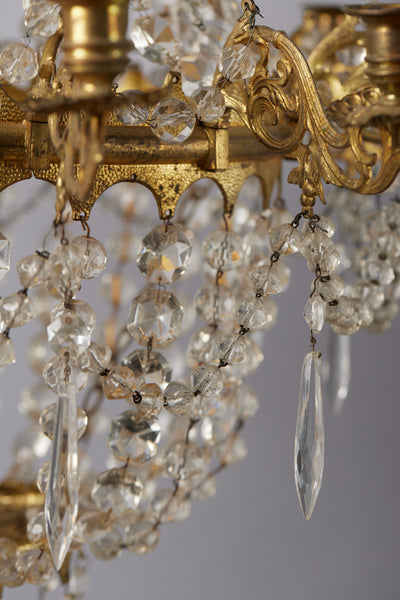 12 Arm French Gilt Bronze & Crystal Candle Chandelier