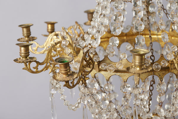 12 Arm French Gilt Bronze & Crystal Candle Chandelier