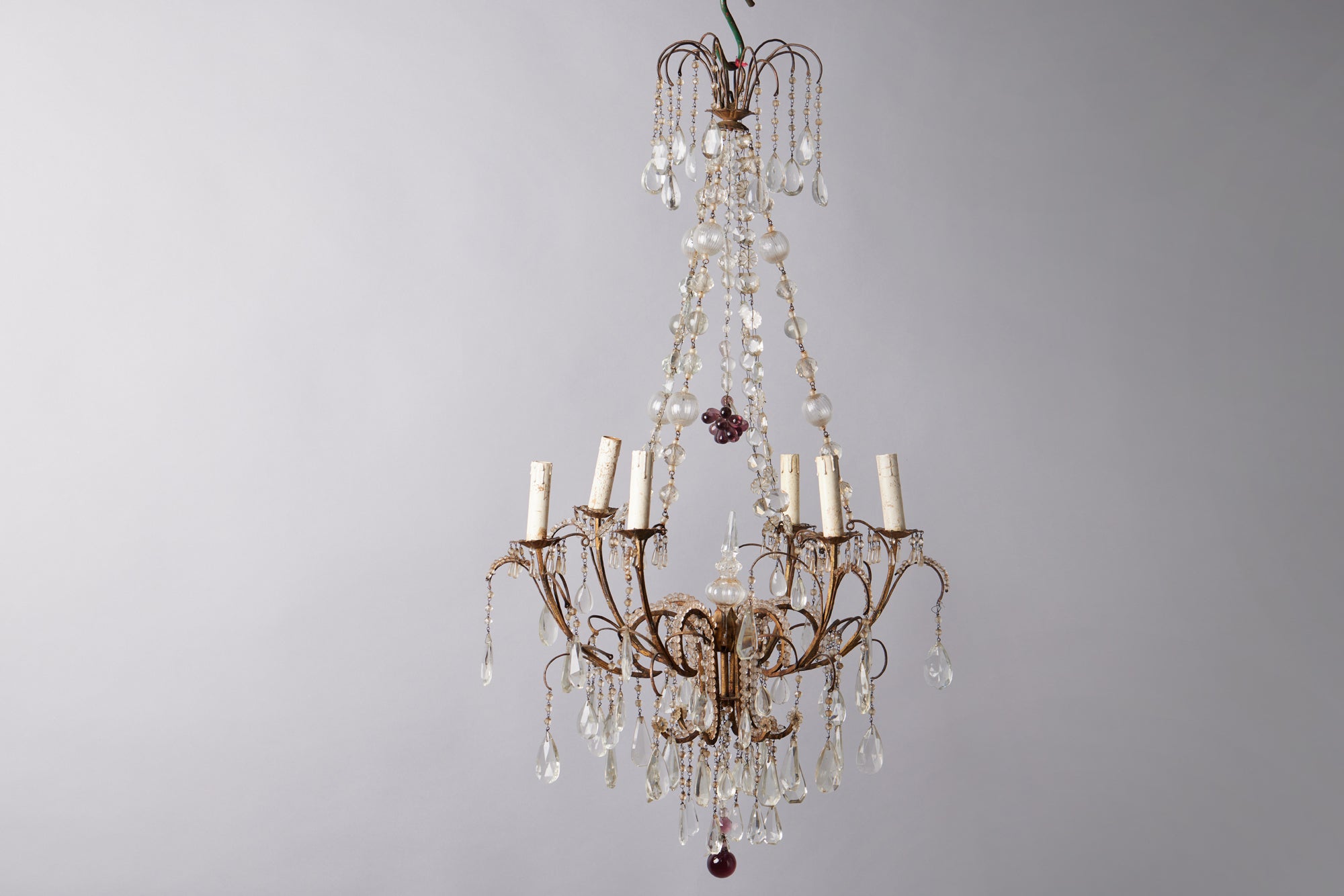 French Six Arm Iron & Crystal Chandelier with Amethyst Clusters & Murano Blown Chain