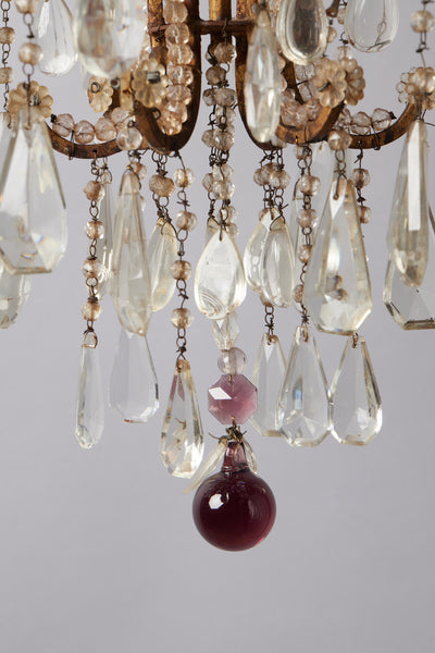 French Six Arm Iron & Crystal Chandelier with Amethyst Clusters & Murano Blown Chain