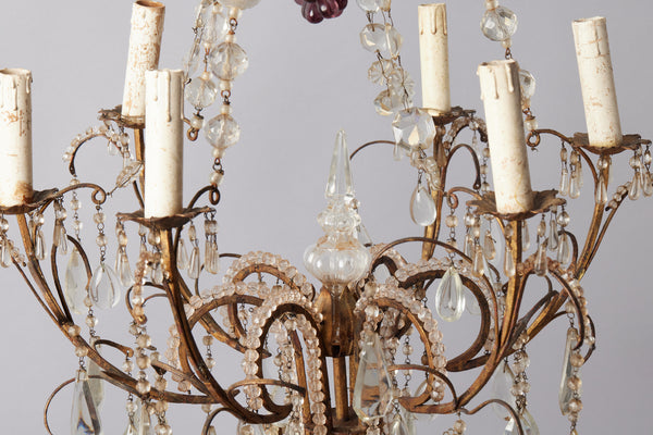 French Six Arm Iron & Crystal Chandelier with Amethyst Clusters & Murano Blown Chain