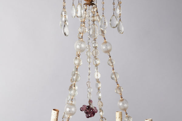 French Six Arm Iron & Crystal Chandelier with Amethyst Clusters & Murano Blown Chain