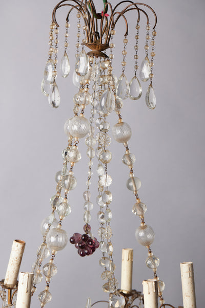 French Six Arm Iron & Crystal Chandelier with Amethyst Clusters & Murano Blown Chain