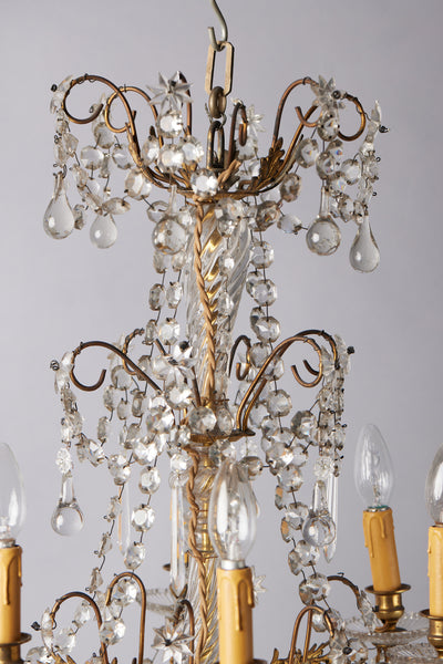 Early 20th Century French 3-Tier Crystal Chandelier with 6 Arms & Bellflower Finial