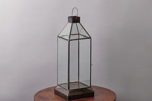 Medium Sized Beveled Glass & Tin Lantern with Angled Base & Open Top