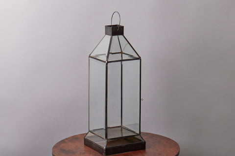 Medium Sized Beveled Glass & Tin Lantern with Angled Base & Open Top