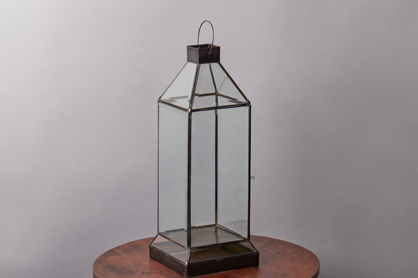 Tin and Beveled Glass Lantern from Bali with Raised Metal and Glass Foot