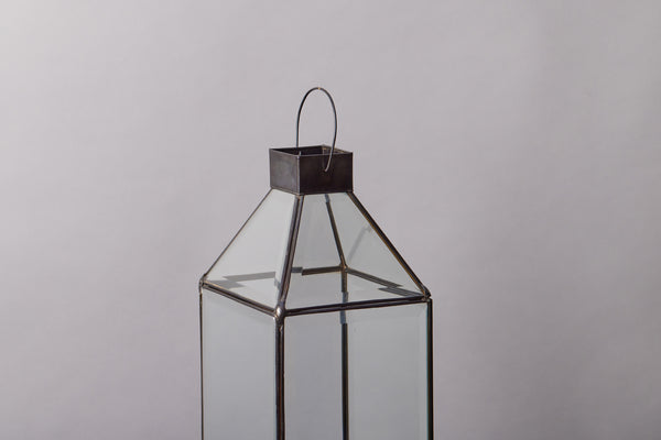 Tin and Beveled Glass Lantern from Bali with Raised Metal and Glass Foot