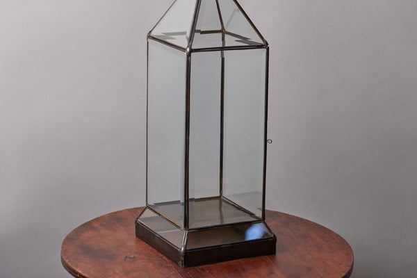 Tin and Beveled Glass Lantern from Bali with Raised Metal and Glass Foot