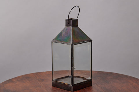 Small Beveled Glass Four Sided Lantern in Tin with Closed Top