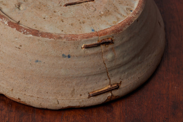 18th Century Spanish Faience Blue & White Mixing Bowl with Old Staple Repair