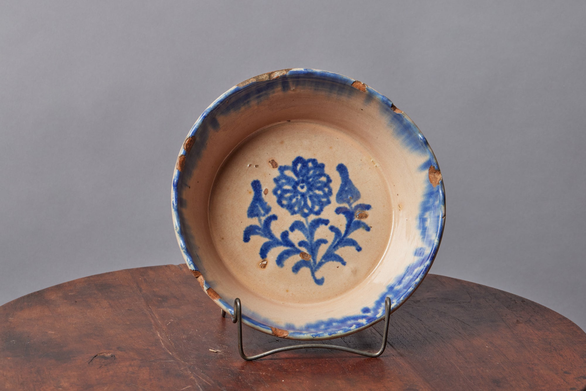 Medium 19th Century Spanish Blue & White Faience Bowl with Floral Design