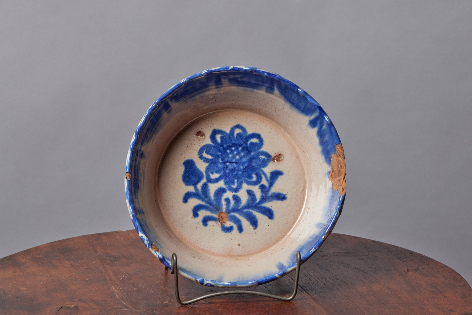 Medium 19th Century Spanish Blue & White Faience Bowl with Floral Design