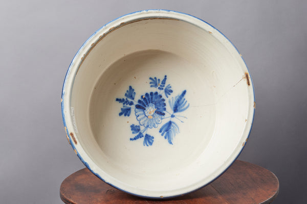 Very Large Spanish 18th Century Blue & White Faience Kitchen Bowl with Early Staple Repair