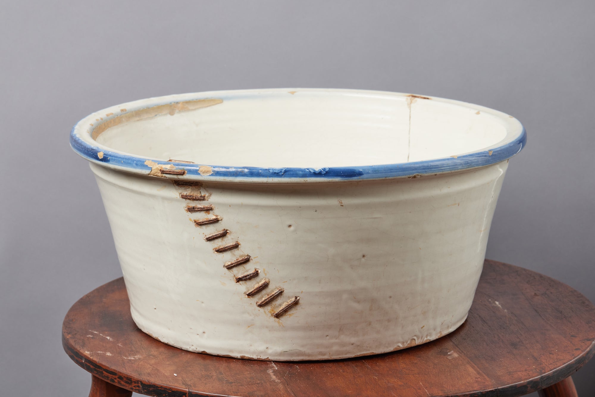 Very Large Spanish 18th Century Blue & White Faience Kitchen Bowl with Early Staple Repair