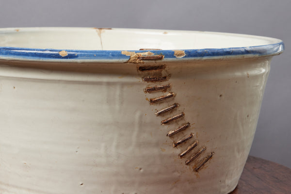 Very Large Spanish 18th Century Blue & White Faience Kitchen Bowl with Early Staple Repair