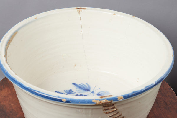 Very Large Spanish 18th Century Blue & White Faience Kitchen Bowl with Early Staple Repair