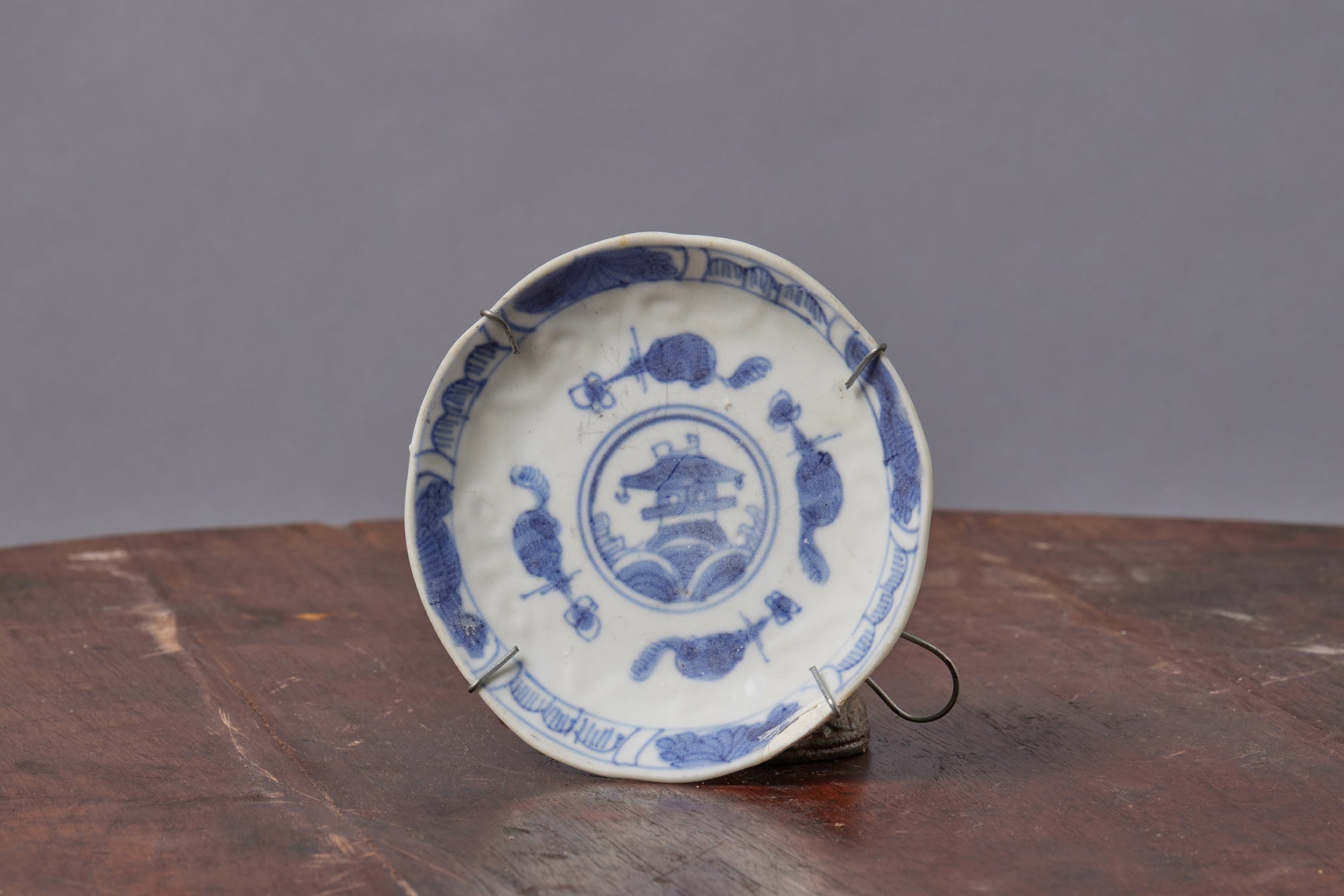 Blue & White Century Tea Bowl Saucer with Pagoda Central Motif