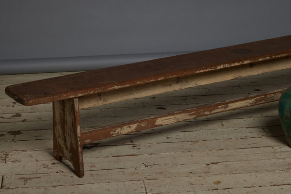 Simple Plank Top Teak Bench with Shaped Wide Board Leg and Stretcher Base