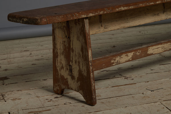 Simple Plank Top Teak Bench with Shaped Wide Board Leg and Stretcher Base