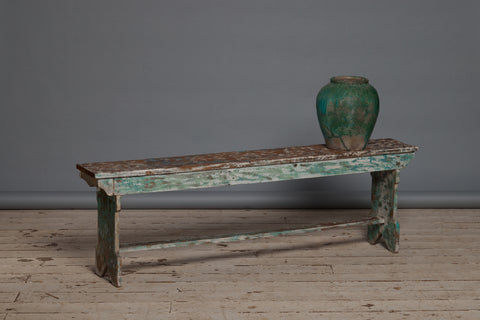 Primitive Flat Top Teak Bench with Traces of Old Green and Blue Paint