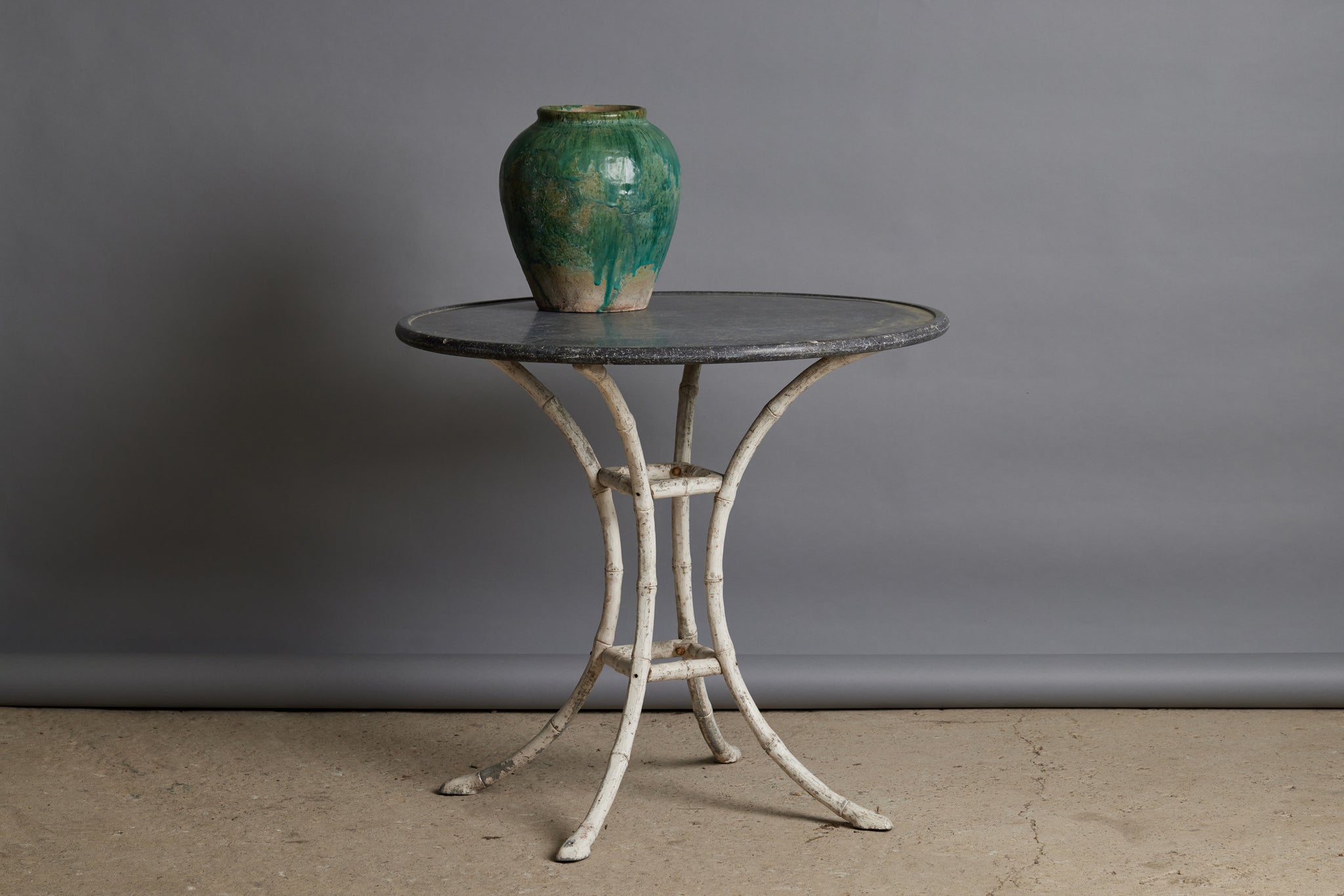 French Garden Table with Metal Faux Bamboo Base and 19th Century Grey Marble Top
