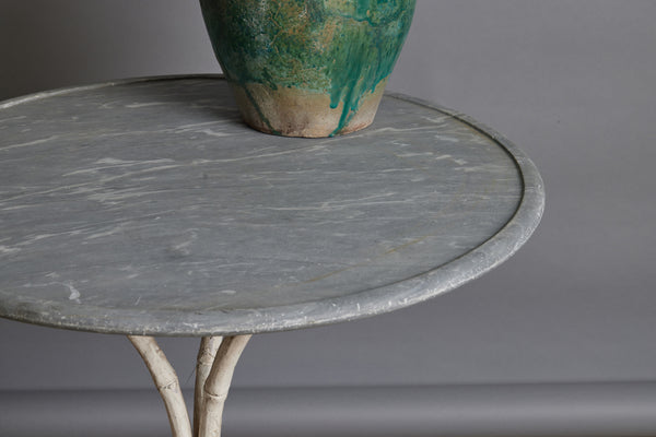 French Garden Table with Metal Faux Bamboo Base and 19th Century Grey Marble Top