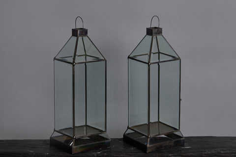 Tin and Beveled Glass Lantern from Bali with Raised Metal and Glass Foot