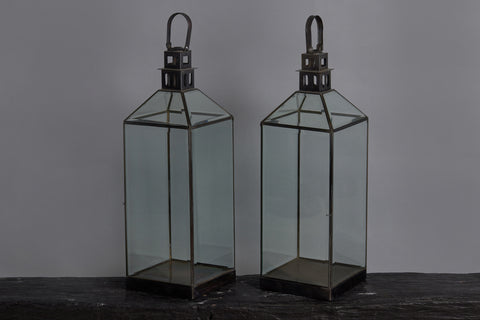 Large Tin and Beveled Glass Lantern from Bali with Pierced Stacked Tin Top