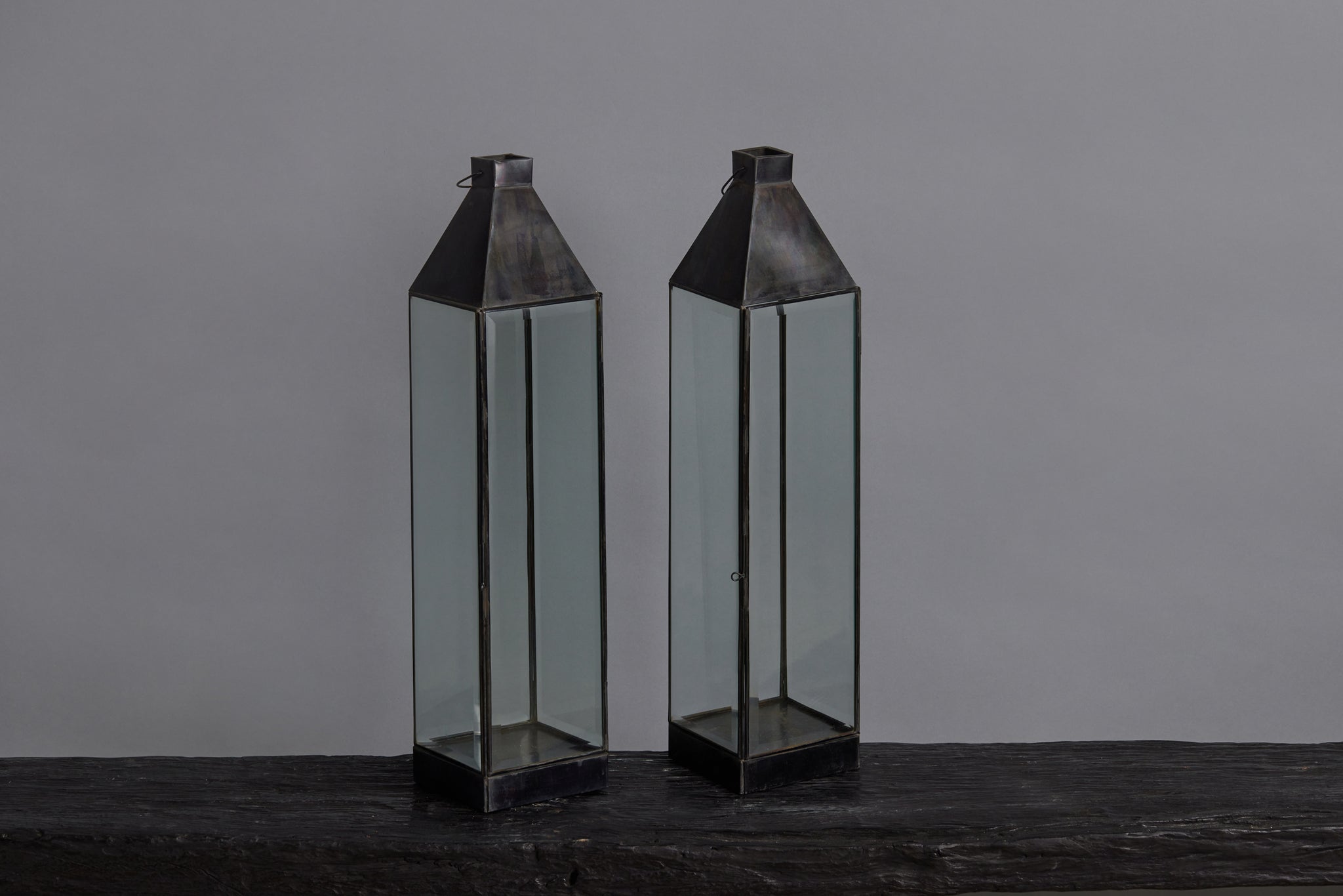 Tall Skinny Tin & Beveled Glass Lantern from Bali with Tin Top